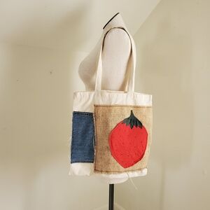 Artisan Crafted Strawberry Burlap Denim Rustic Farmhouse Style Applique Tote Bag